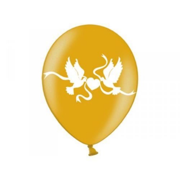 Obrázek z Latexový balonek zlatý metalický se srdíčkem a holubicemi 33 cm 