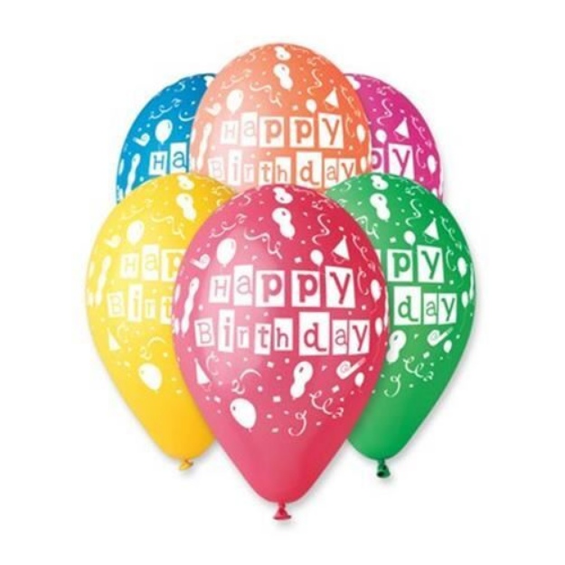Obrázek z Latexový balonek s potiskem Happy Birthday kostičky 
