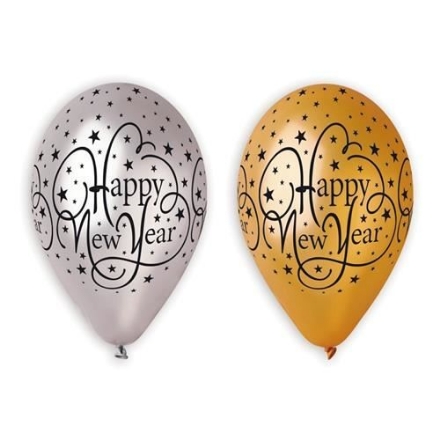 Balonky Happy New Year v metalickém mixu zlaté a stříbrné, 30 cm, 6 ks