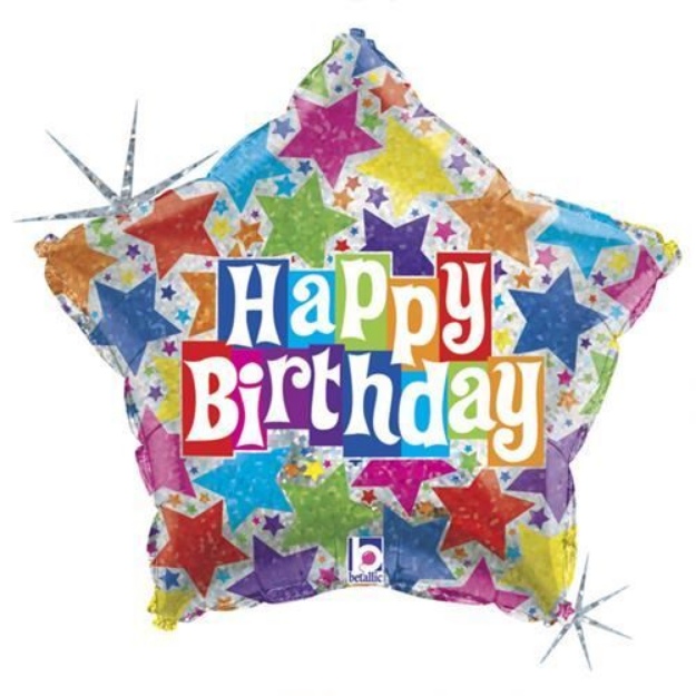 Obrázek z Foliový holografický balonek Hvězda Happy Birthday barevný 