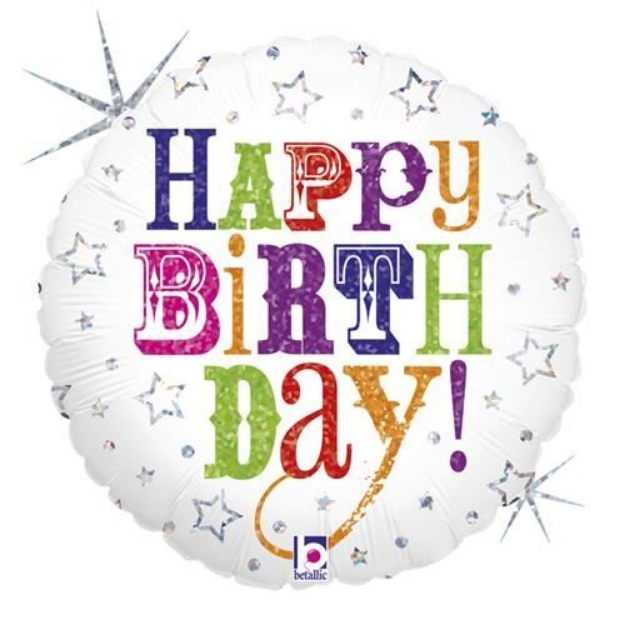 Obrázek z Foliový balonek bílý s barevným nápisem Happy birthday 45 cm 
