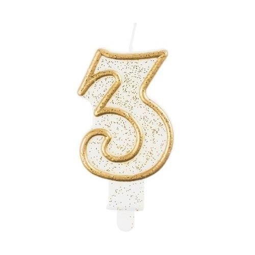 Levně Svíčka narozeninová číslice 3 zlatá 7,5 cm
