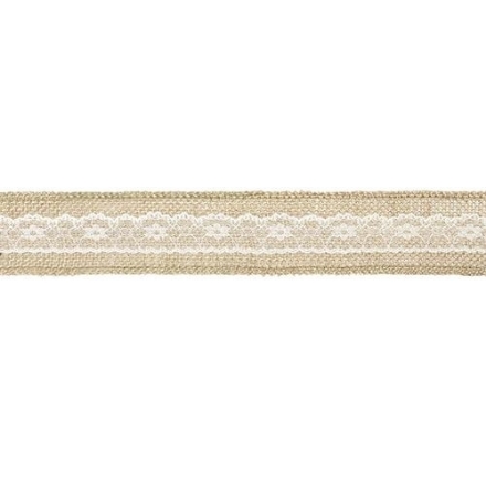 Jutová stuha s bílou krajkou, šířka 5 cm, délka 5 m