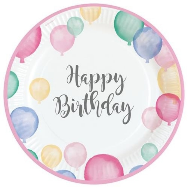 Obrázok z EKO Papierové taniere Pastel Balloons Happy Birthday 23 cm - 8 ks