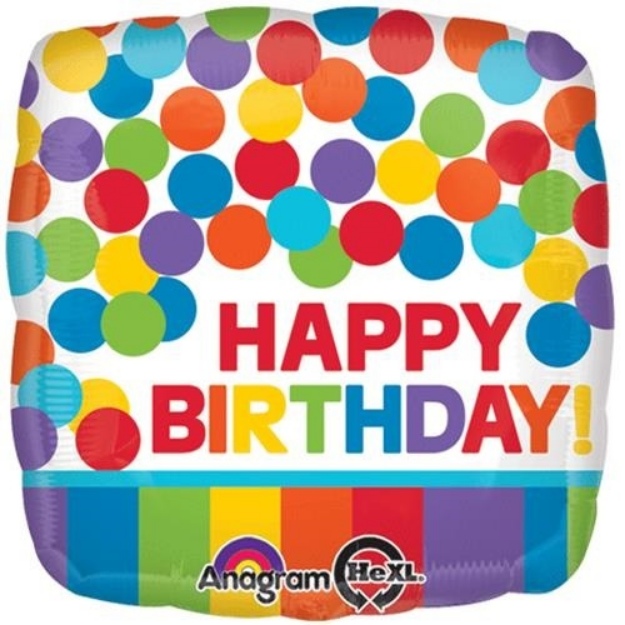 Obrázek z Foliový balonek s puntíky a proužky Happy Birthday 43 cm 