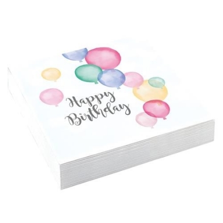 Papírové party ubrousky s barevnými balónky a nápisem Happy Birthday, 33 × 33 cm, balení 20 ks