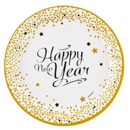 Sada papírových talířů Happy New Year s motivem konfet a hvězd, průměr 23 cm, 8 ks