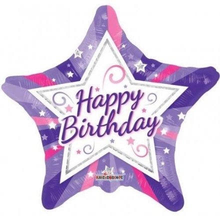 Fóliový balonek ve tvaru fialové hvězdy s nápisem Happy Birthday, průměr 46 cm