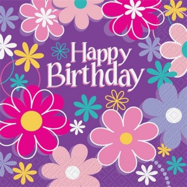 Obrázek z Papírové party ubrousky Květiny Happy Birthday 16 ks 