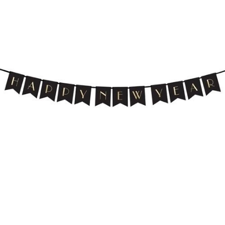 Černozlatý party banner s nápisem Happy New Year, délka 170 cm