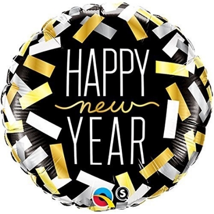 Fóliový balonek Happy New Year s motivem zlatých a stříbrných konfet, průměr 46 cm