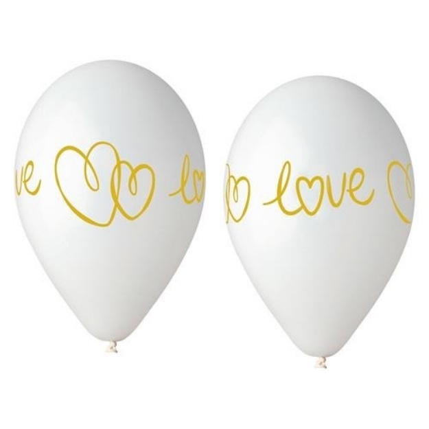 Obrázok z Svadobné balóniky biele s potlačou srdca a Love 33 cm - 6 ks