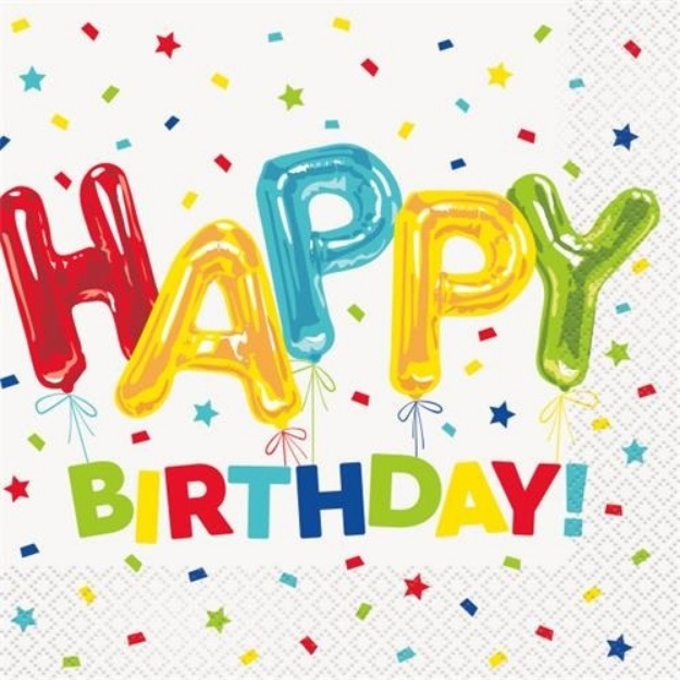 Obrázek z Papírové party ubrousky konfetové Happy Birthday 16 ks 