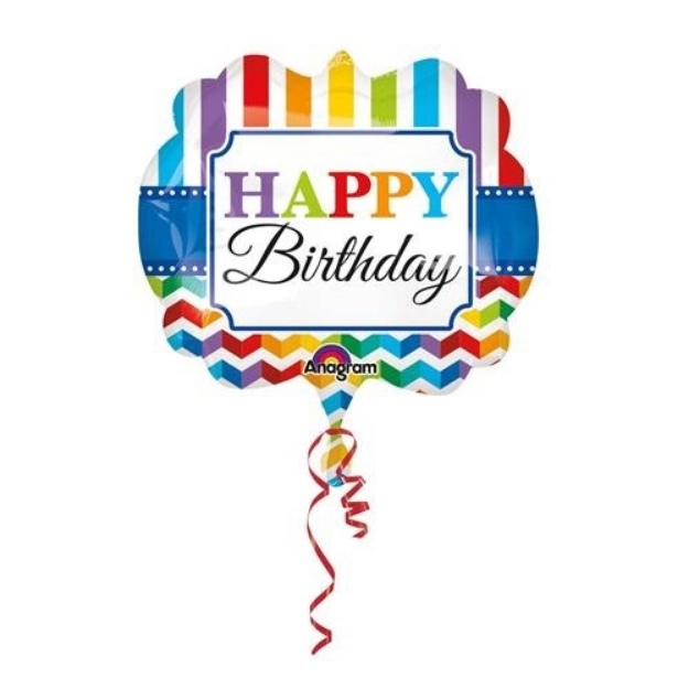 Obrázok z Fóliový balónik prúžky a bodky Happy Birthday 63 x 55 cm 