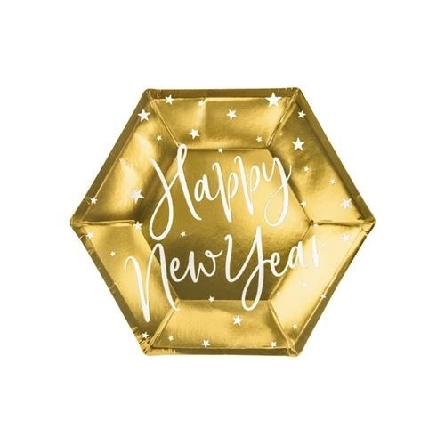 Levně Papírové talířky Happy New Year zlaté metalické 20cm