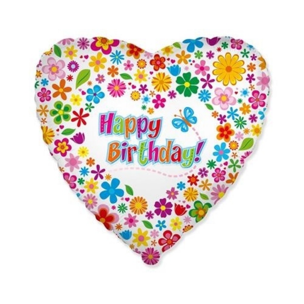 Obrázek z Foliový balonek srdce s kytičkami Happy Birthday 46 cm - Nebalený 