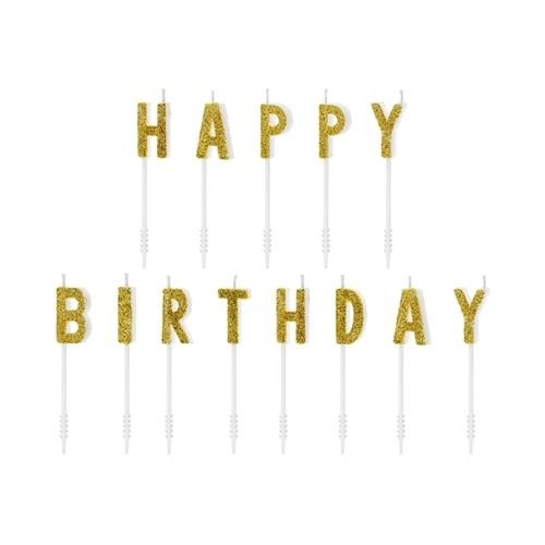 Levně Dortové svíčky zlaté s glitrem Happy Birthday 2,5 cm - 13 ks