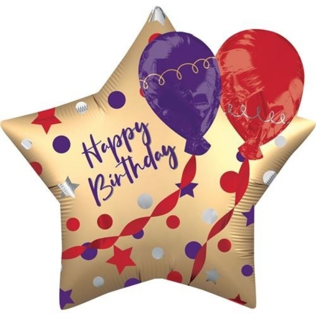 Obrázek z Foliový balonek saténová hvězda s balonky Happy Birthday 71 cm 