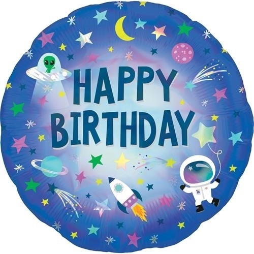Levně Foliový balonek holografický Space Happy Birthday 43 cm