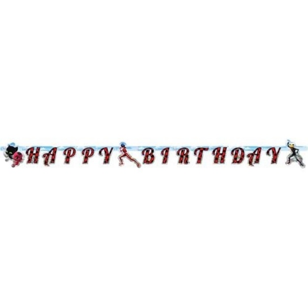 Obrázok z Party nápis Happy Birthday Čarovná lienka a čierny kocúr 200 x 15 cm