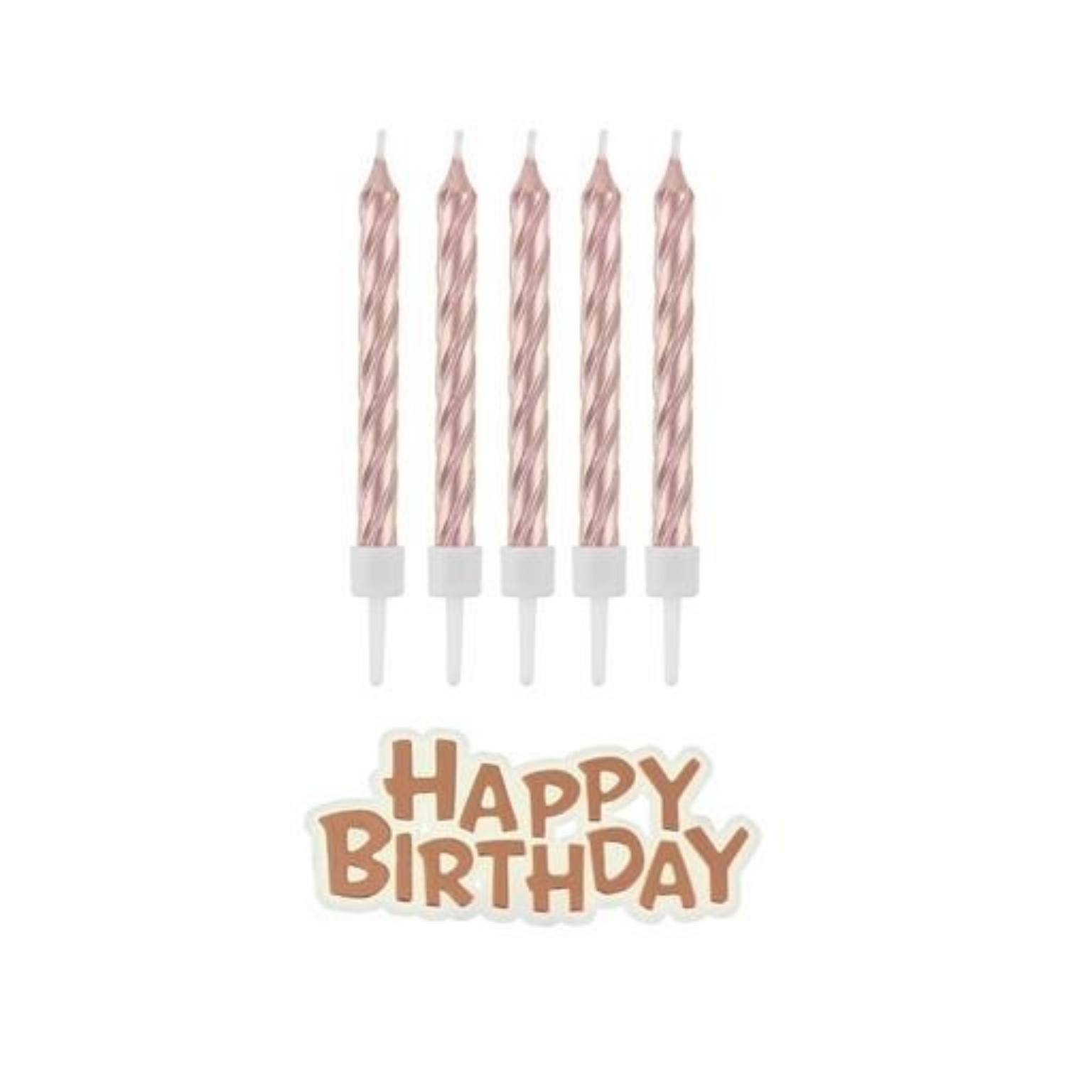 Dortové svíčky rose gold s držátky a nápis happy birthday 8 cm - 16 ks
