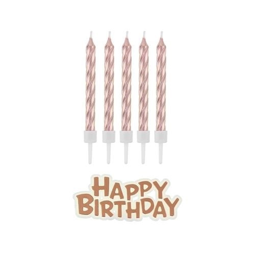Levně Dortové svíčky rose gold s držátky a nápis happy birthday 8 cm - 16 ks