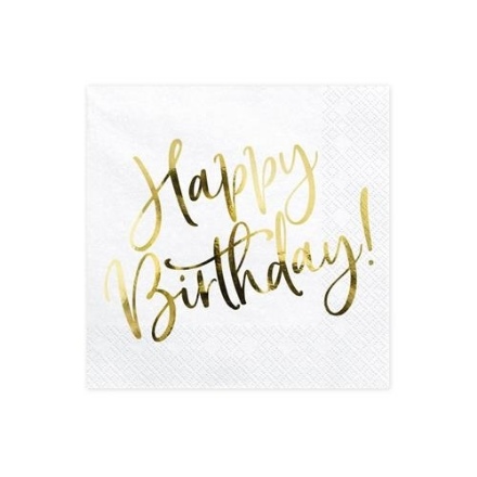Obrázek Papírové ubrousky bílé se zlatým Happy Birthday 20 ks