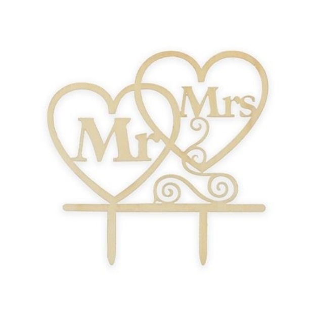 Obrázek z Dřevěná dekorace na dort - Mr a Mrs - srdíčka 