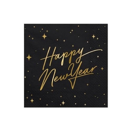 Obrázek Papírové ubrousky LUX černé s nápisem Happy New Year 20 ks - Hvězdy
