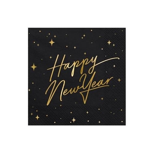 Levně Papírové ubrousky LUX černé s nápisem Happy New Year 20 ks - Hvězdy