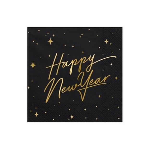 Obrázek z Papírové ubrousky LUX černé s nápisem Happy New Year 20 ks - Hvězdy 