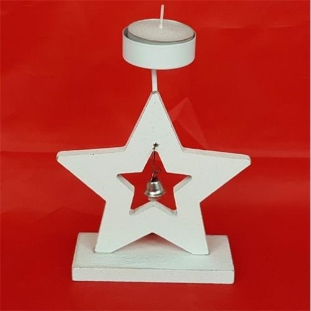 Obrázek z Dřevěný svícen hvězda se zvonkem na čajovou svíčku 