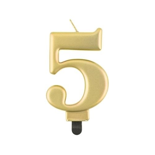 Levně Svíčka narozeninová číslice 5 metalická zlatá 8 cm