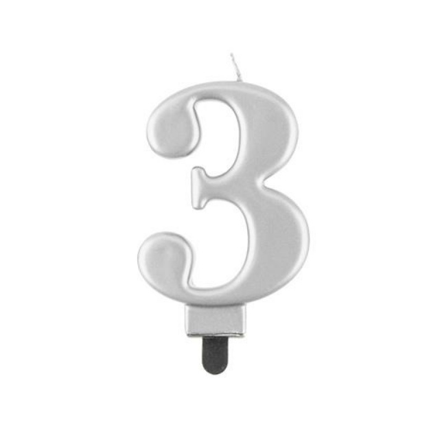 Obrázek z Svíčka narozeninová číslice 3 metalická stříbrná 8 cm  