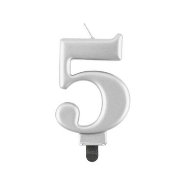 Obrázek z Svíčka narozeninová číslice 5 metalická stříbrná  8 cm  