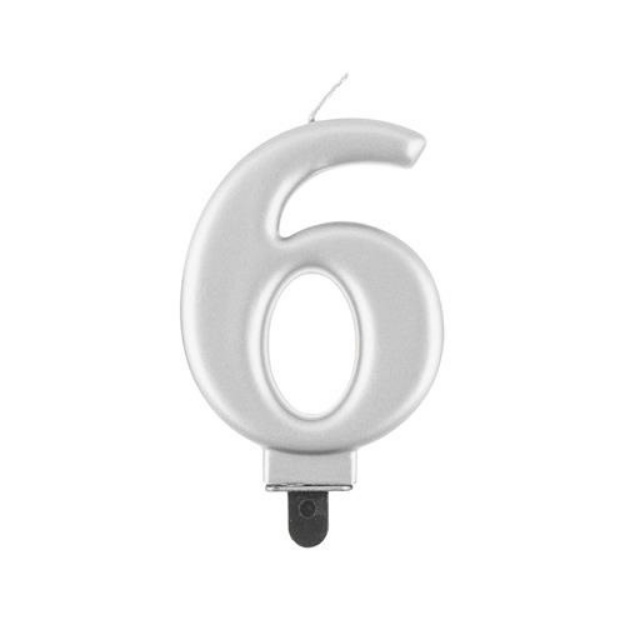 Obrázek z Svíčka narozeninová číslice 6 metalická stříbrná 8 cm 