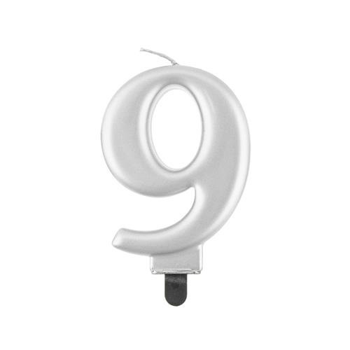Levně Svíčka narozeninová číslice 9 metalická stříbrná 8 cm