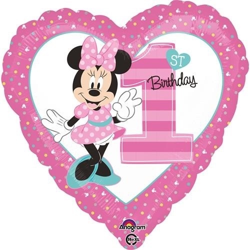 Levně Foliový balonek srdce 1st birthday Minnie 45 cm