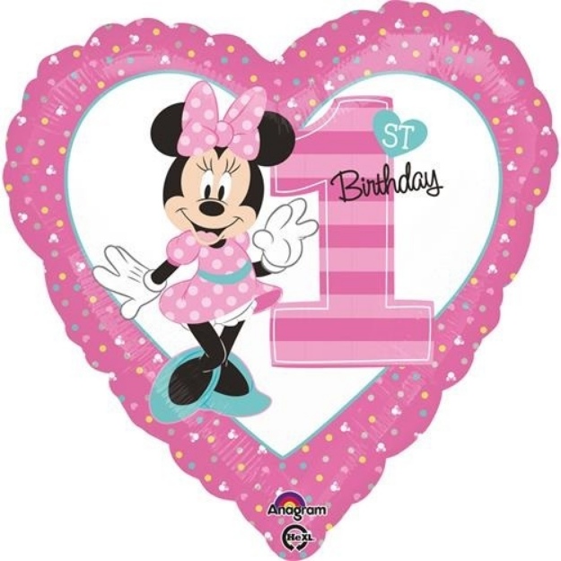 Obrázok z Fóliový balónik srdce 1st birthday Minnie 45 cm