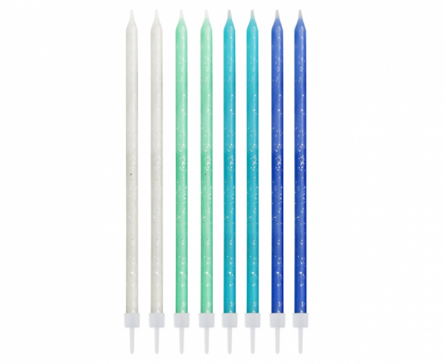 Obrázok z Tortové sviečky modrý mix s trblietkami 14, 5 cm - 24 ks