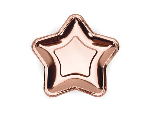 Levně Papírové talířky ve tvaru hvězdy - metalické rose gold 18 cm