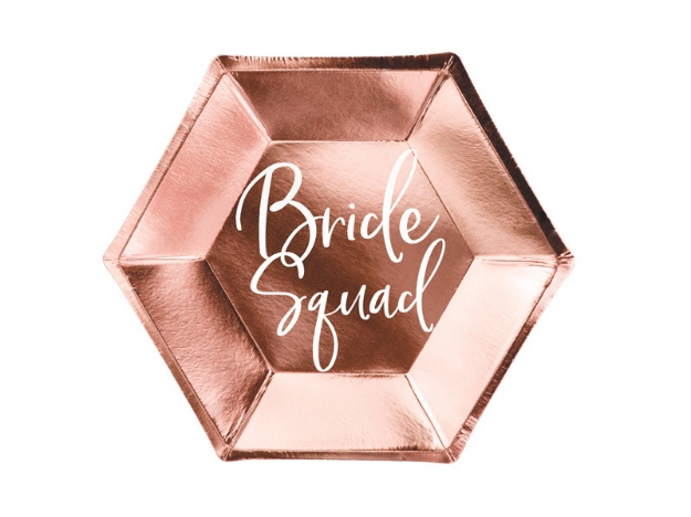 Obrázek z Papírové talíře metalické rose gold - Bride Squad 23 cm - 6 ks 