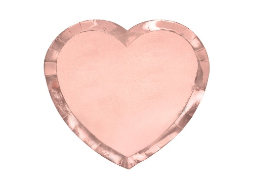 Levně Papírové talířky ve tvaru srdce - metalické rose gold 21 cm