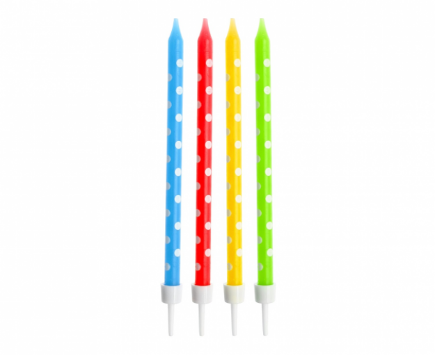 Obrázok z Tortové sviečky farebné s bodkami 11 cm, 24 ks s držadlami