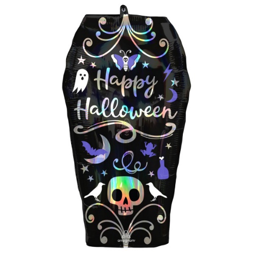 Levně Foliový balonek Happy halloween - rakev holografický 68 cm