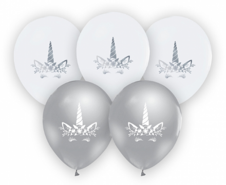 Obrázek Latexové balonky stříbrná - bílá Jednorožec 30 cm - 5 ks