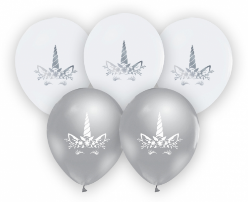 Levně Latexové balonky stříbrná - bílá Jednorožec 30 cm - 5 ks