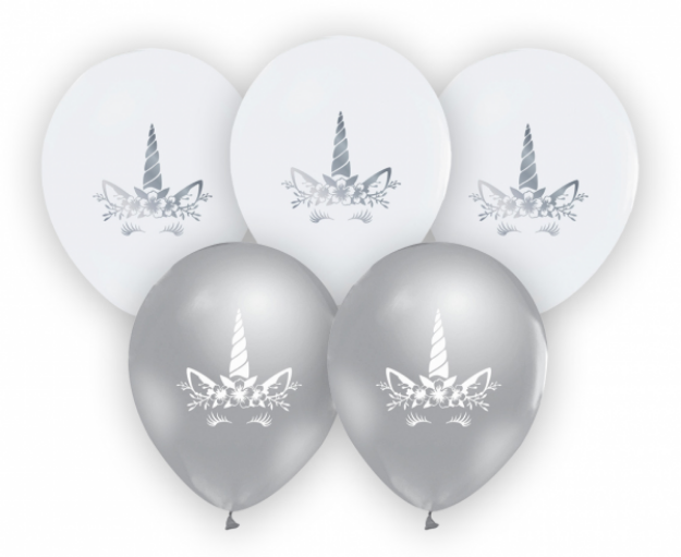 Obrázok z Latexové balóniky strieborná - biela Jednorožec 30 cm - 5 ks