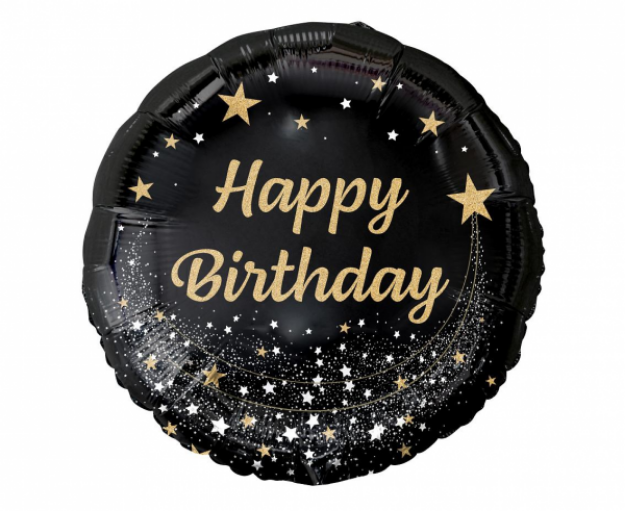 Obrázek z Foliový balonek kulatý černý Happy Birthday - hvězdy 45 cm 