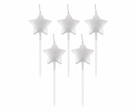 Obrázek Dortové svíčky Stars - metalické stříbrné 6,5 cm - 5 ks